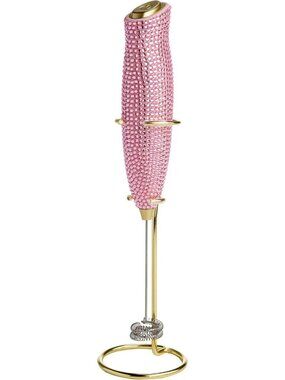 Electric Rhinestone Handheld Milk Frother with Double Coil Whisk & Gold Stand
